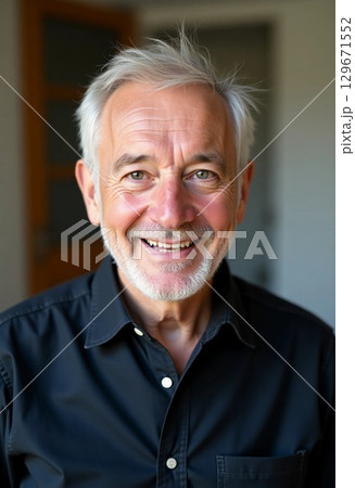 A cheerful older man with silver hair and a friendly smile stands in a cozy indoor environment. His bright demeanor radiates warmth and friendliness, inviting connection Generative AI 129671552