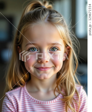 A young girl with long, flowing hair smiles brightly, radiating joy. The sunlight filters softly through a window, creating a warm atmosphere that highlights her playful spirit Generative AI 129671554