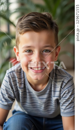A young boy with a charming smile enjoys a moment of joy, sitting amidst lush green plants in a cozy indoor setting. His cheerful expression radiates warmth and innocence Generative AI 129671555