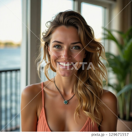 A woman sits near large windows overlooking the water, her bright smile reflecting the warm sunlight Generative AI 129671557