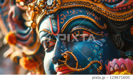 A close-up of a colorful idol representing a deity, adorned with intricate jewelry and vibrant decorations, symbolizing the Dussehra holiday 129671600