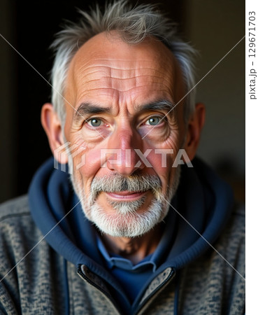 The elderly man sits comfortably, displaying a gentle smile and thoughtful gaze that conveys years of experience and warmth. Soft lighting enhances the peaceful atmosphere Generative AI 129671703