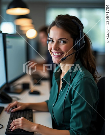 A cheerful young woman wearing a headset provides assistance to customers while seated at a sleek desk in a bright and open office Generative AI 129671704