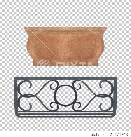 Terracotta flower pot and ornate black wrought iron holder. Watercolor balcony planter set isolated on white. Ideal for garden scene, rustic decor, floral arrangement in vintage Mediterranean designs Terracotta flower pot and ornate black wrought iron holder. Watercolor balcony planter set isolated on white. Ideal for garden scene, rustic decor, floral arrangement in vintage Mediterranean designs 129671748
