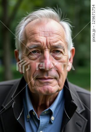 An older gentleman stands confidently in a tranquil park, his expression contemplative and reflective. Sunlight filters through the trees, enhancing the peaceful ambiance Generative AI 129671754