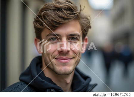 A young man stands smiling warmly, surrounded by a lively street filled with blurred figures. Sunlight enhances his cheerful expression and casual style Generative AI 129671766