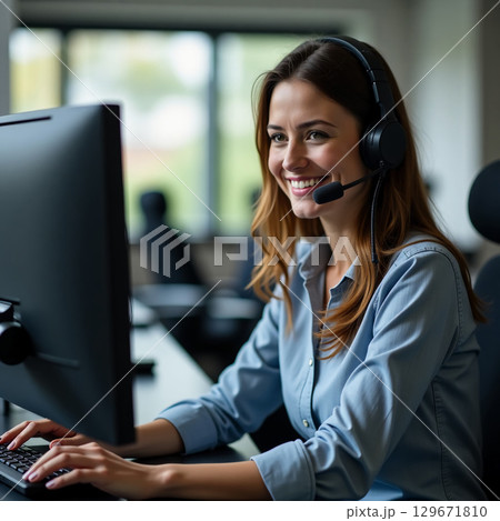 A friendly young professional is focused on her computer, wearing a headset as she communicates effectively with clients Generative AI 129671810