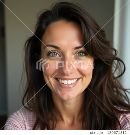 A joyful woman with long brown hair smiles brightly, radiating happiness. Sunlight filters through a nearby window, enhancing her natural beauty and warmth as she embraces the moment Generative AI 129671811