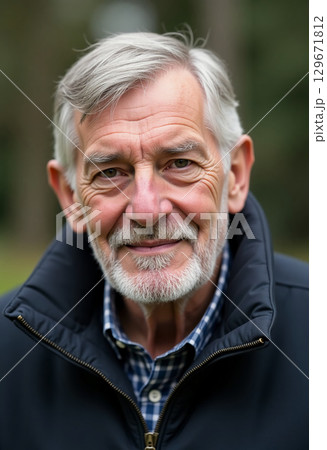 A cheerful elderly man with gray hair and a beard stands outdoors, radiating warmth with a genuine smile Generative AI 129671812