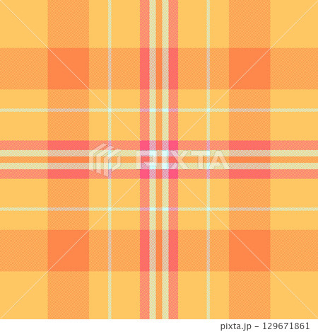 Throw check vector texture, short plaid tartan pattern. Wide seamless textile fabric background in amber and orange colors. Throw check vector texture, short plaid tartan pattern. Wide seamless textile fabric background in amber and orange colors. 129671861