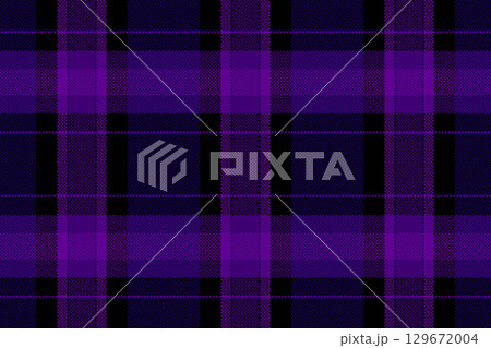 Shabby fabric textile seamless, cosy check vector pattern. Empty background tartan texture plaid in violet and black colors. 129672004