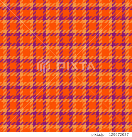 Vibrant, seamless plaid pattern in orange and purple hues. A classic textile design evoking warmth and autumn. Ideal for backgrounds, fashion, and design projects. 129672027