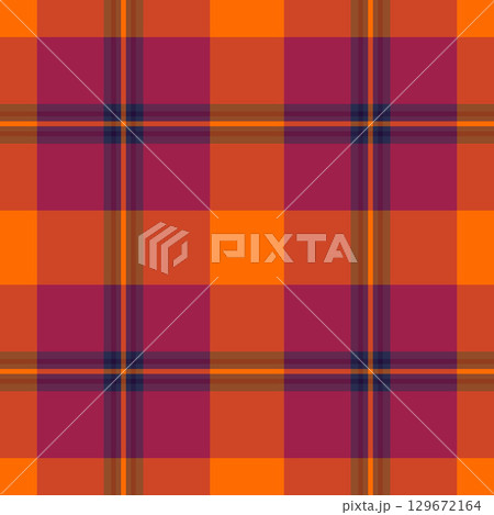 Vibrant tartan pattern featuring orange and magenta hues, crossed by thin blue and brown lines. Great for backgrounds, textiles, or abstract design concepts. 129672164