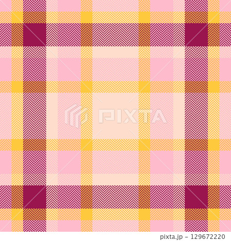 Seamless tartan pattern. Soft pink, yellow, and burgundy hues create a classic plaid design. Ideal for textile prints, backgrounds, or digital art projects. Seamless tartan pattern. Soft pink, yellow, and burgundy hues create a classic plaid design. Ideal for textile prints, backgrounds, or digital art projects. 129672220