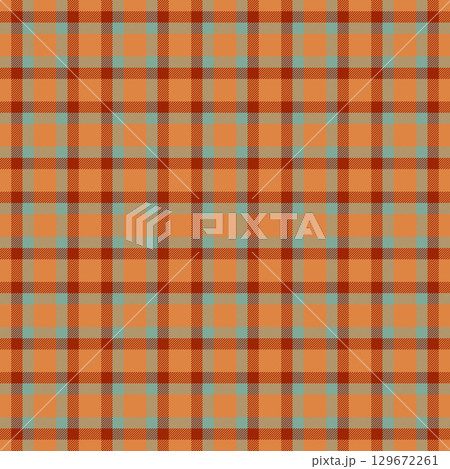 Warm, cozy textile pattern featuring intersecting lines in shades of orange, brown, and teal. Rustic design perfect for backgrounds, apparel, and autumnal themes. 129672261