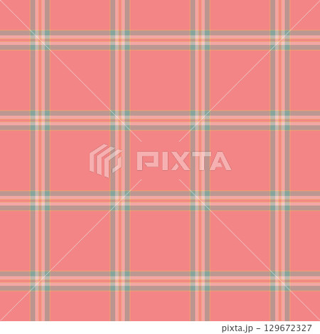 Small plaid pattern background, intricate vector tartan fabric. Kilt seamless texture check textile in orange and pastel colors. 129672327