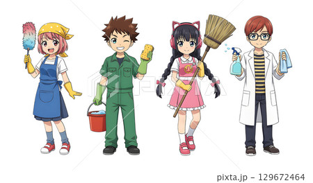 Set of cleaning man staff character cartoon design. Cartoon illustration. 129672464