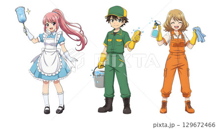 Set of cleaning man staff character cartoon design. Cartoon illustration. 129672466