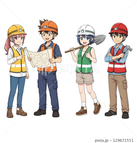 Builders dressed in protective vests and helmets. Construction worker character. Cartoon illustration. 129672551