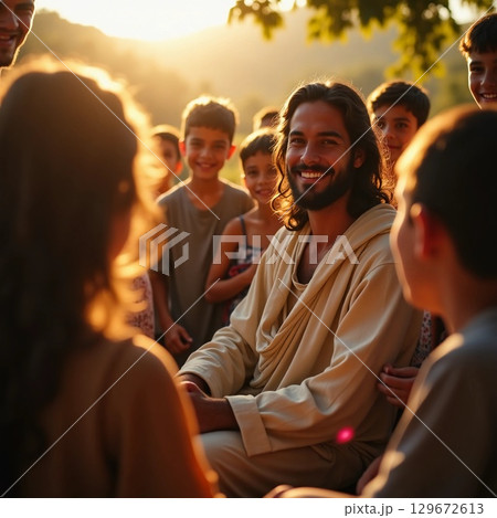Children surround a smiling man in simple attire as the sun sets in the background. They share joyful moments filled with laughter, creating a bond of warmth and connection Generative AI Children surround a smiling man in simple attire as the sun sets in the background. They share joyful moments filled with laughter, creating a bond of warmth and connection Generative AI 129672613