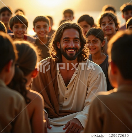 Children gather around a charismatic figure, sharing stories and smiles by the water at sunset, creating a warm moment of joy and connection Generative AI 129672620