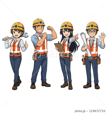 Builders dressed in protective vests and helmets. Construction worker character. Cartoon illustration. 129672710