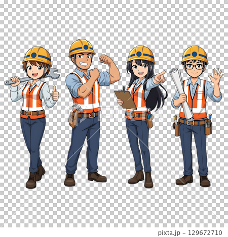 Builders dressed in protective vests and helmets. Construction worker character. Cartoon illustration. Builders dressed in protective vests and helmets. Construction worker character. Cartoon illustration. 129672710