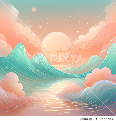 Soft waves rise and fall in a tranquil ocean as a large, glowing sun dips below the horizon. Swirls of pastel colors fill the sky and clouds, creating a serene atmosphere at dusk Generative AI 129672763