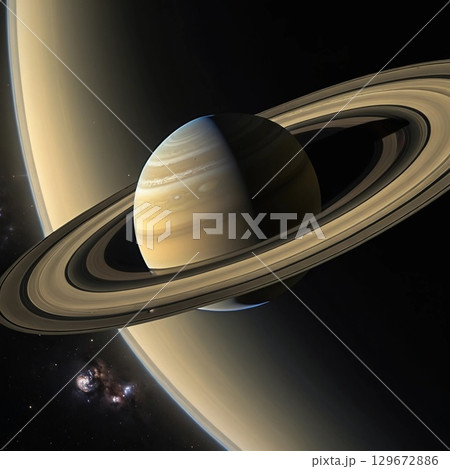 Orbiting brilliantly, Saturn showcases its iconic rings while distant galaxies shimmer in the background, creating a breathtaking celestial view from afar Generative AI 129672886