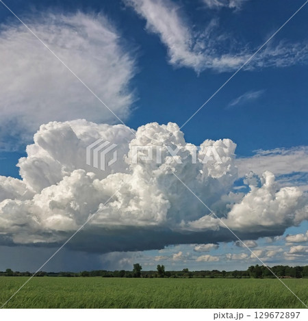 Fluffy white clouds billow in various shapes, casting soft shadows on a vibrant green field, while a bright blue sky brings warmth and serenity to the scene Generative AI 129672897