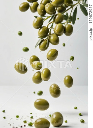 Fresh green olives tumble through the air, glistening with droplets, showcasing their vibrant colors against a stark white background Generative AI 129672937