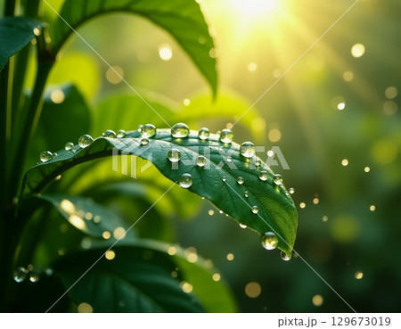 Fresh droplets of dew cling to vibrant green leaves, capturing the soft morning light in a tranquil garden. Nature awakens with a promise of a new day ahead Generative AI 129673019