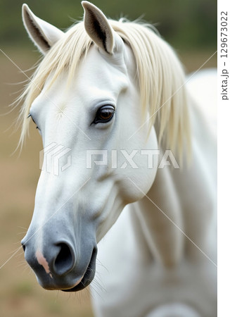 A striking white horse stands in a lush meadow, its soft mane fluttering in the gentle breeze as it gazes thoughtfully into the distance, embodying peace and elegance Generative AI 129673022