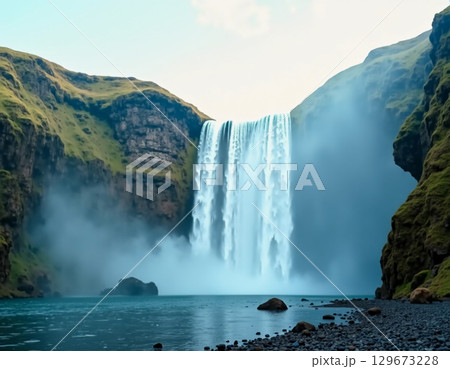 A breathtaking waterfall pours down from towering cliffs, creating a misty spray that catches the early morning light, while the serene pool reflects the vibrant greens around it Generative AI 129673228