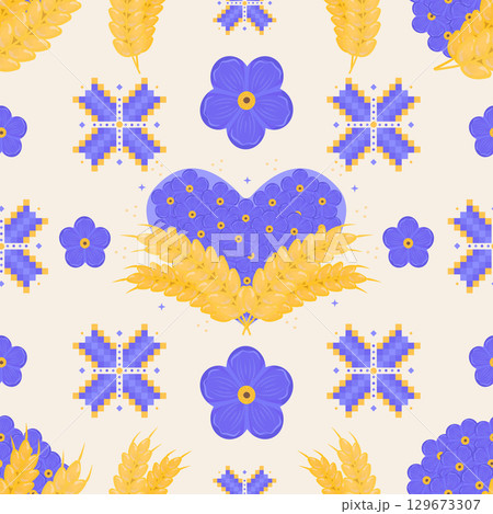Bright blue and yellow seamless pattern in Ukrainian style, vector color repeat background. Blue flowers forget me not, national embroidery and ears of wheat 129673307
