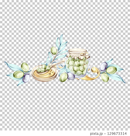 Exploring the beauty of olives and olive oil through watercolor illustrations frame, border, arrangement Exploring the beauty of olives and olive oil through watercolor illustrations frame, border, arrangement 129673314