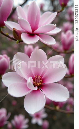 A cluster of blooming magnolia flowers showcases their soft pink petals against a blurred background of vibrant pink blooms, radiating spring's beauty and charm Generative AI 129673351