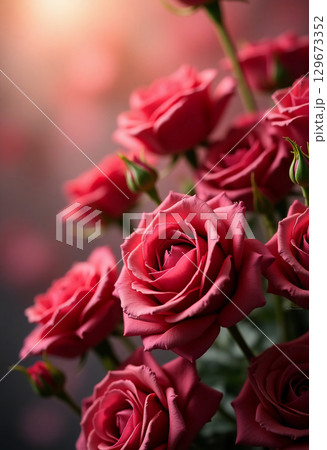 Delicate red roses showcase their lush petals in a garden as gentle light filters through, enhancing the romantic ambiance and evoking feelings of love and tranquility Generative AI 129673352