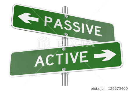 Active or Passive green direction arrows, street signs. 3D rendering 129673400