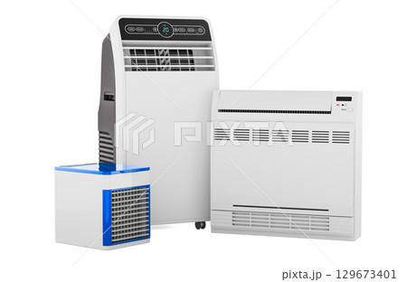Air cooling devices set. Floor standing, portable air conditioner and mini air conditioner fan with USB. 3D rendering 129673401