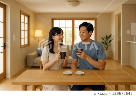 家でリラックスする夫婦 129673645