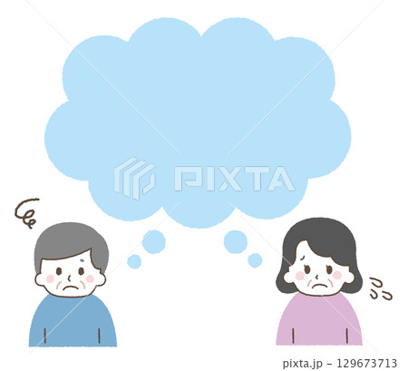 吹き出しと悩む高齢者のベクターイラスト素材。老人のネガティブな表情。 129673713