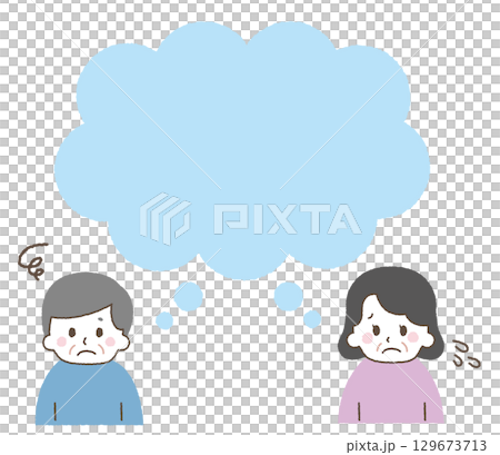 吹き出しと悩む高齢者のベクターイラスト素材。老人のネガティブな表情。 129673713