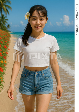 浜辺を歩く女性 129673804
