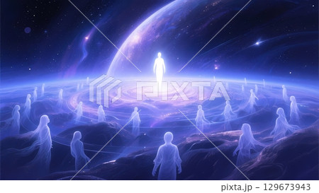 宇宙で繋がり合う人々の魂　ワンネスを描いたスピリチュアルなイラスト 129673943