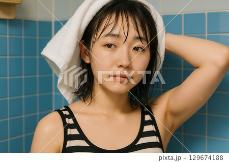 お風呂上がりの女性　昭和レトロ 129674188