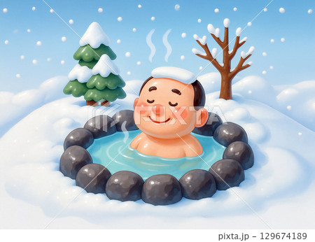 冬の温泉　雪見風呂 129674189