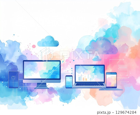 水彩画風で描かれたパソコンやスマートフォンとクラウドデータのデジタルイラスト 129674284