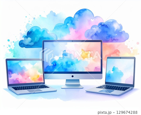 水彩画風で描かれたパソコンやスマートフォンとクラウドデータのデジタルイラスト 水彩画風で描かれたパソコンやスマートフォンとクラウドデータのデジタルイラスト 129674288