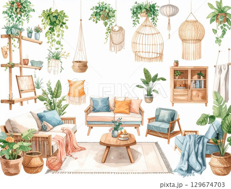 水彩画風で描かれた自宅で趣味やリラックスを楽しむライフスタイルのイラスト 129674703